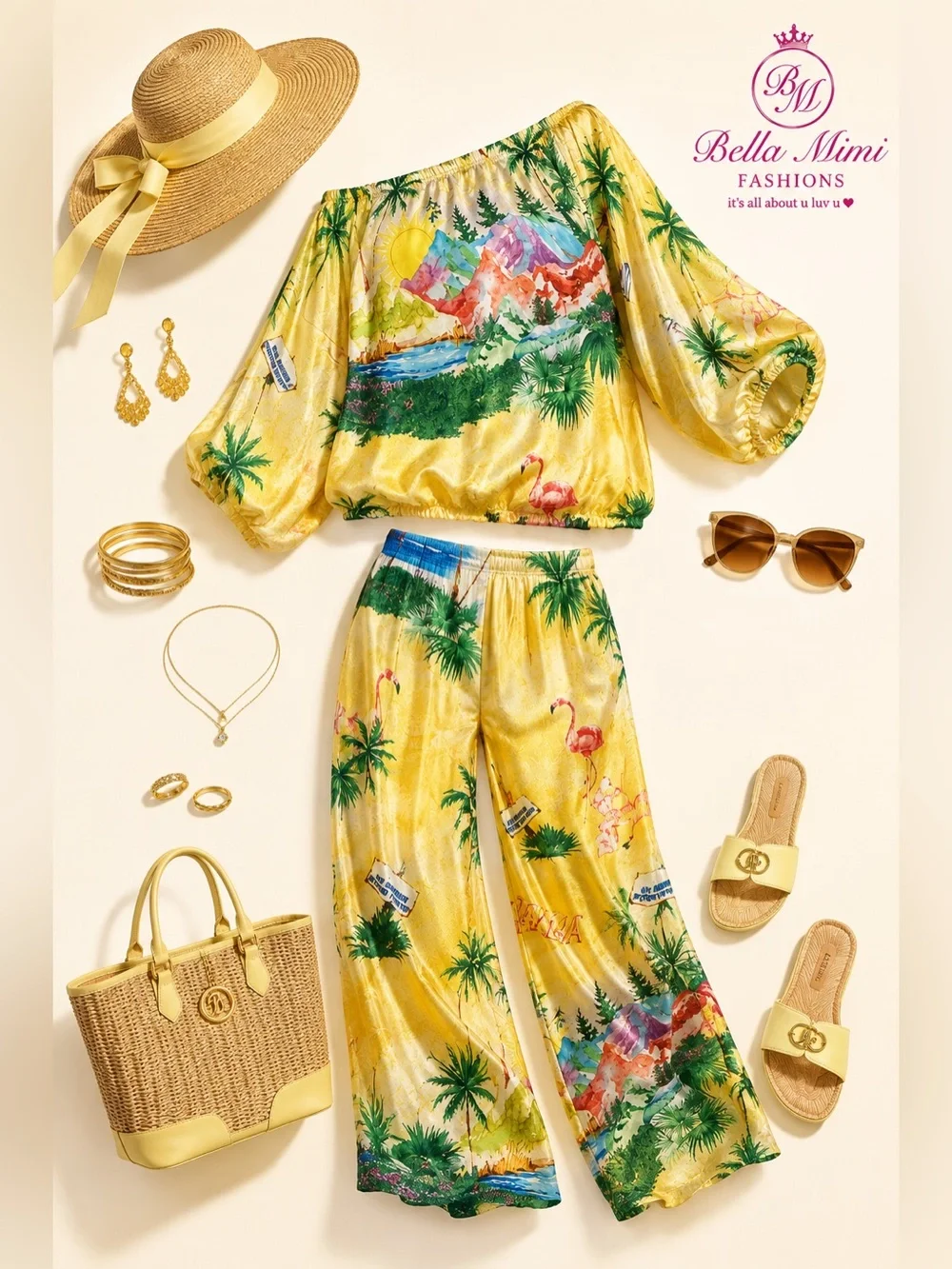 NWT Endless Moon Tropical Scenic Off the-Shoulder pant set size M 🌴 BRB SL 2